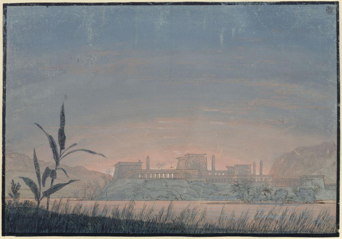 Die Zauberflöte. Oper von Wolfgang Amadeus Mozart. Entwurf zur 10. Dekoration. Landschaft mit Sarastros Burg