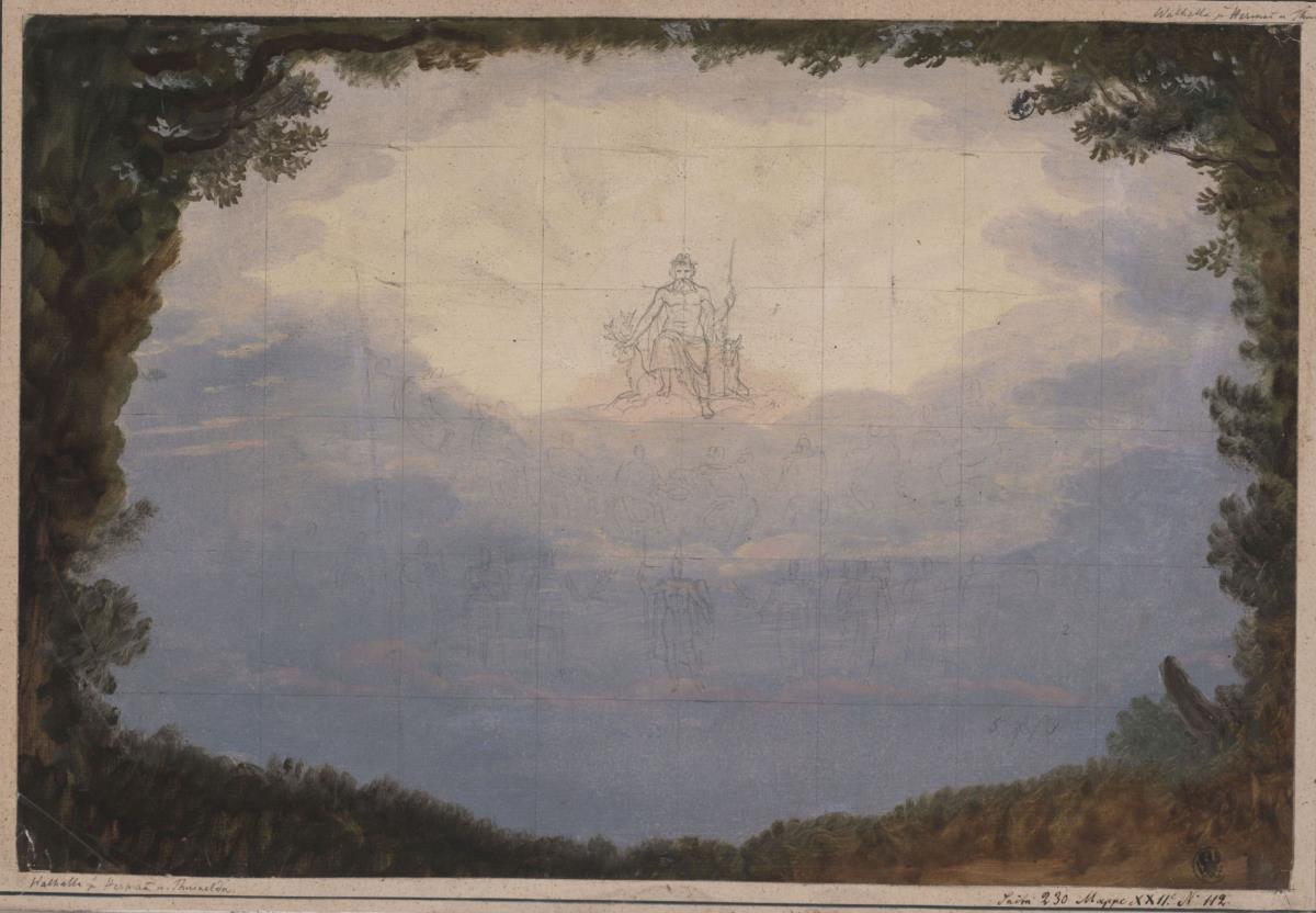 Herrmann und Thusnelda. Schauspiel von August von Kotzebue. Entwurf zur 8. Dekoration. Walhalla in den Wolken