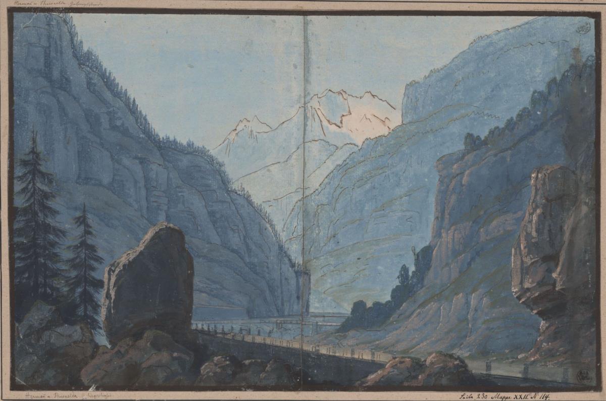 Herrmann und Thusnelda. Schauspiel von August von Kotzebue. Entwurf zur 5. Dekoration. Gebirgsstraße