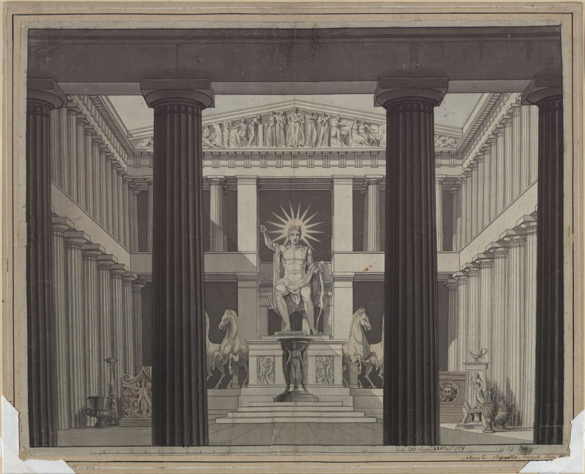 Alceste. Oper von Christoph Willibald Gluck. Entwurf zur 2. Dekoration. Inneres des Apollon-Tempels