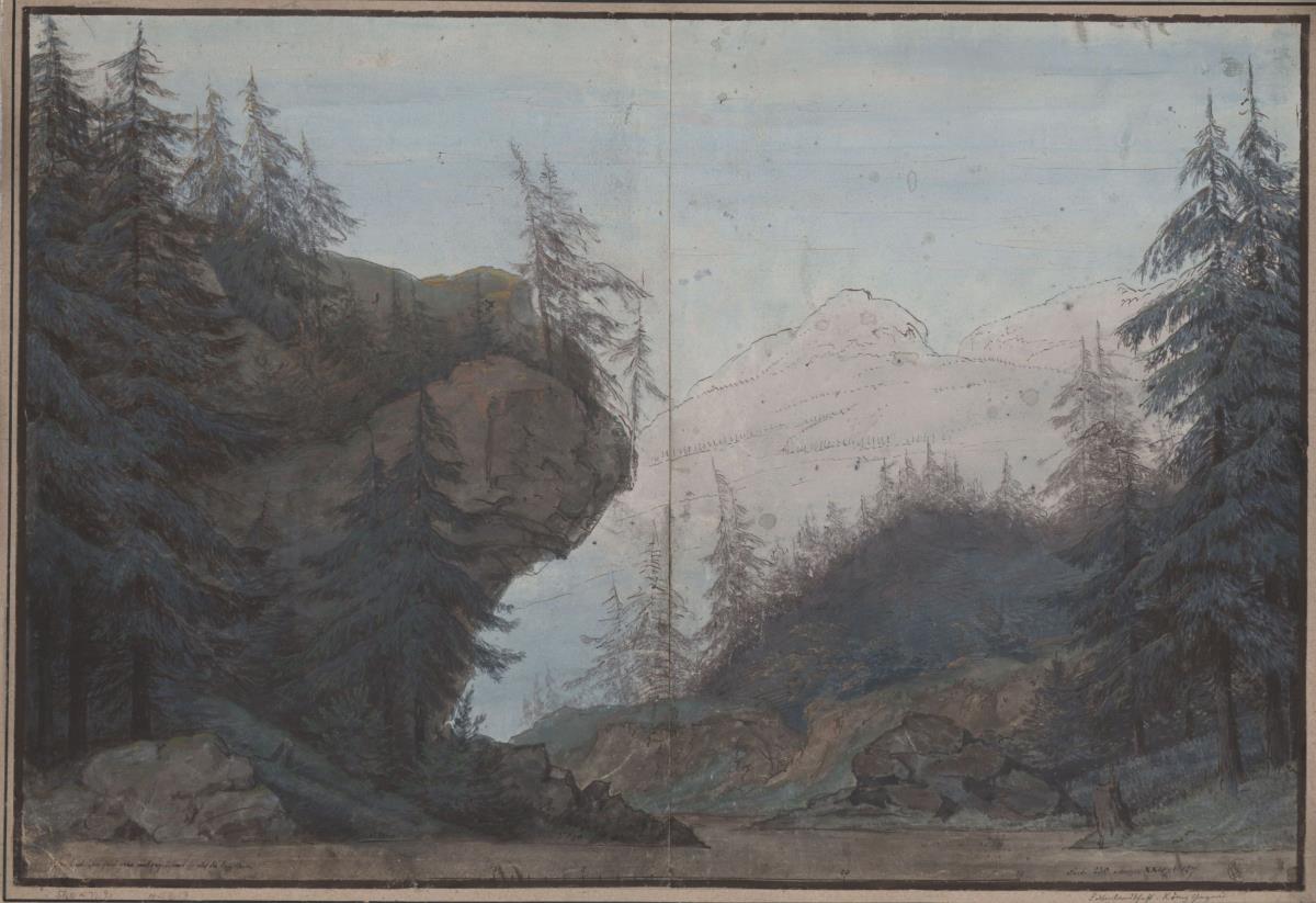 König Yngurd. Trauerspiel von Adolf Müllner. Entwurf zur  3. Dekoration. Waldgegend