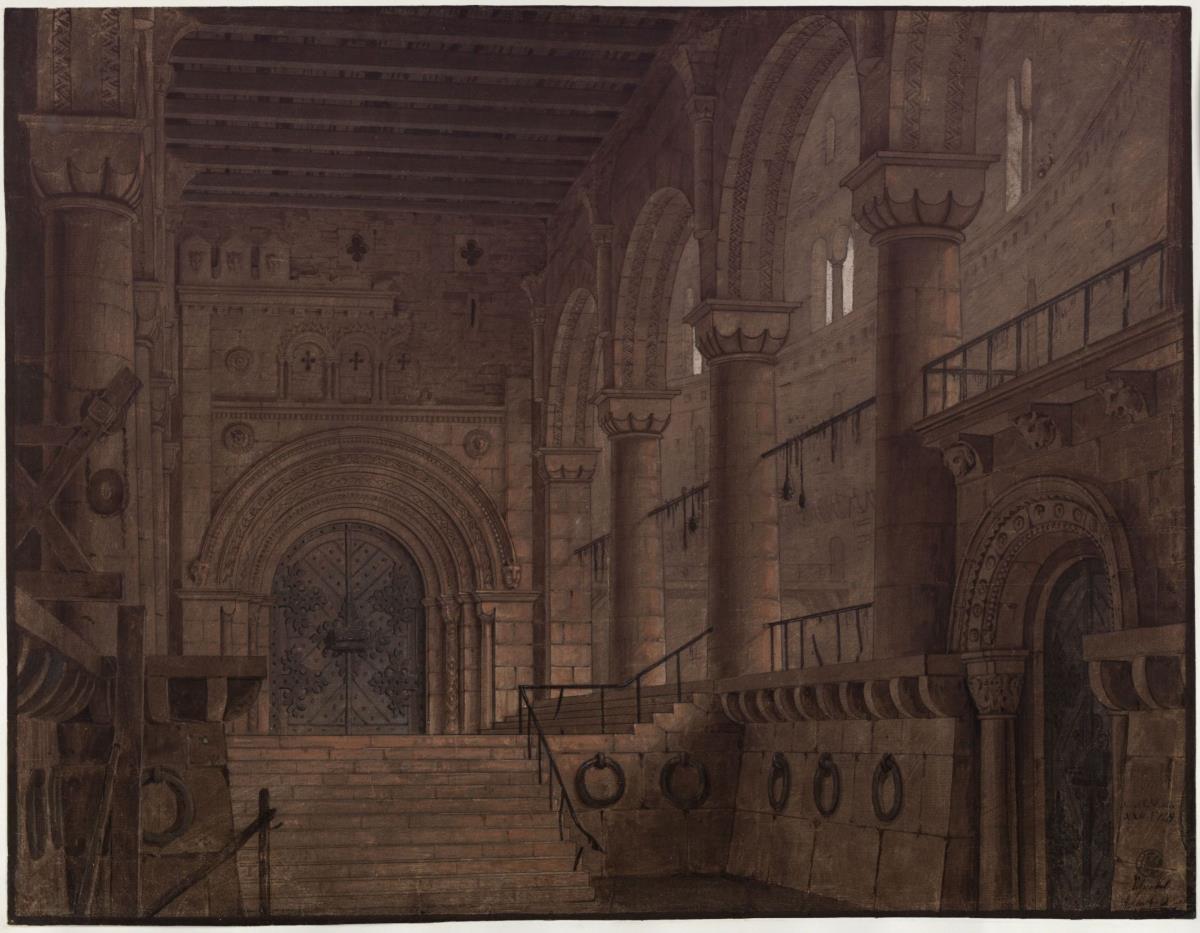 König Yngurd. Trauerspiel von Adolf Müllner. Entwurf zur  5. Dekoration. Saal im Turm mit der Todespforte