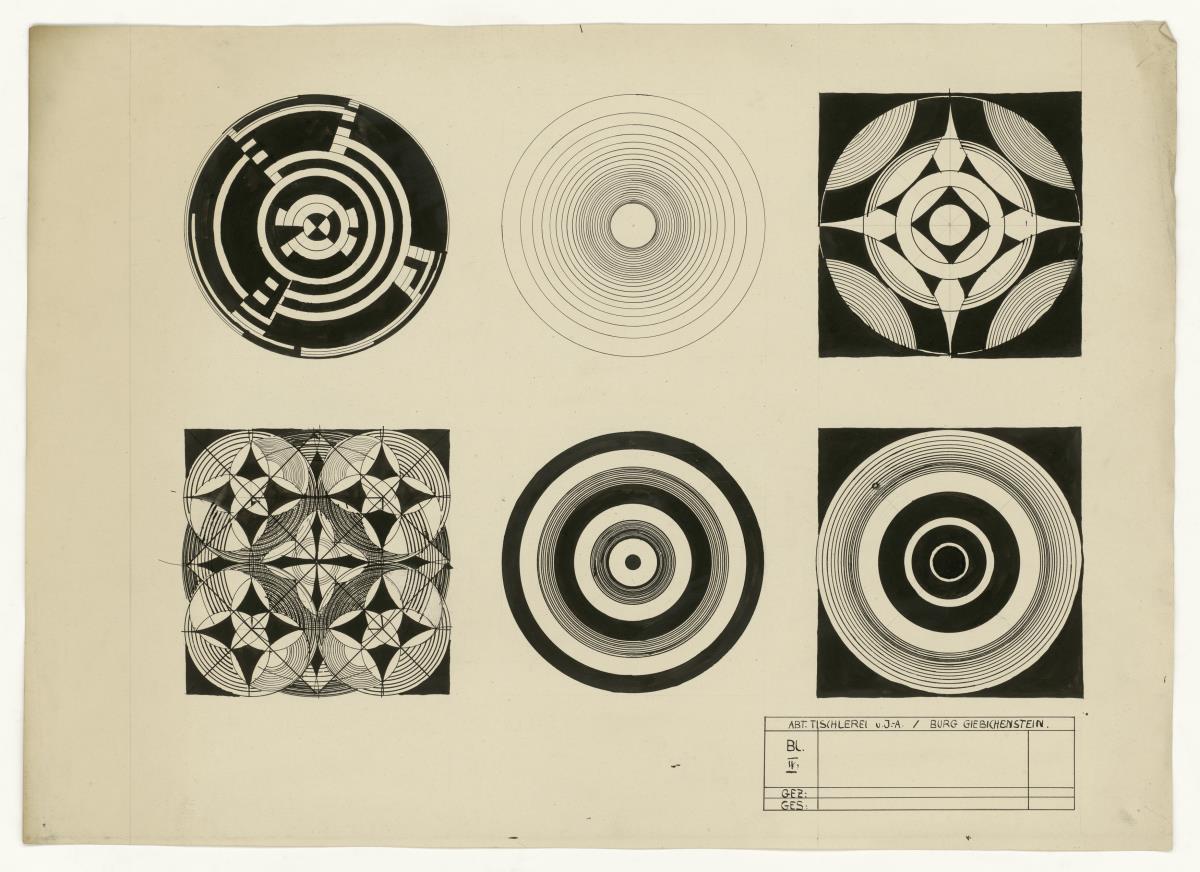 Komposition aus gemusterten Kreisen und Quadraten (Kompositionsstudien, ornamental)