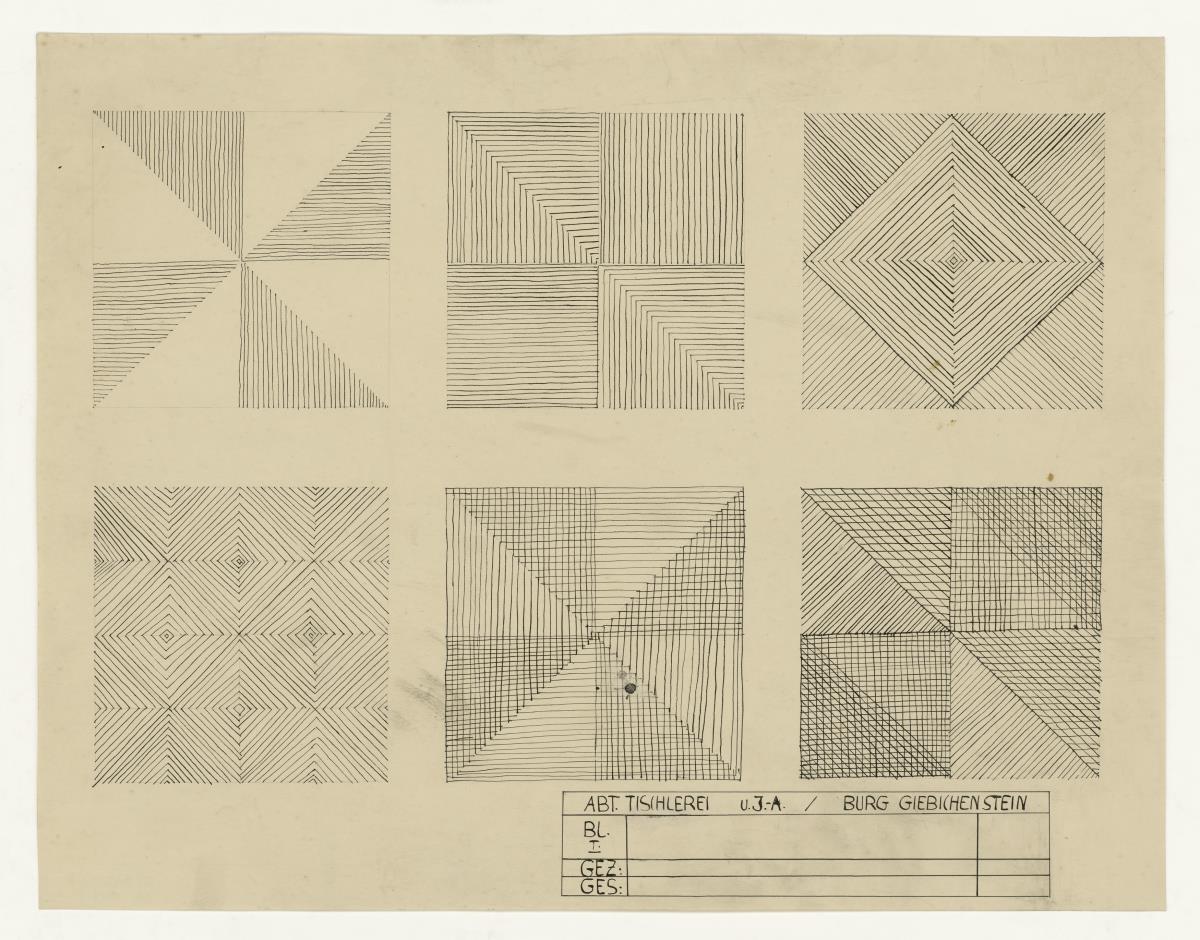 Komposition von sechs Quadratenmit Linienmuster (Kompositionsstudien, ornamental)