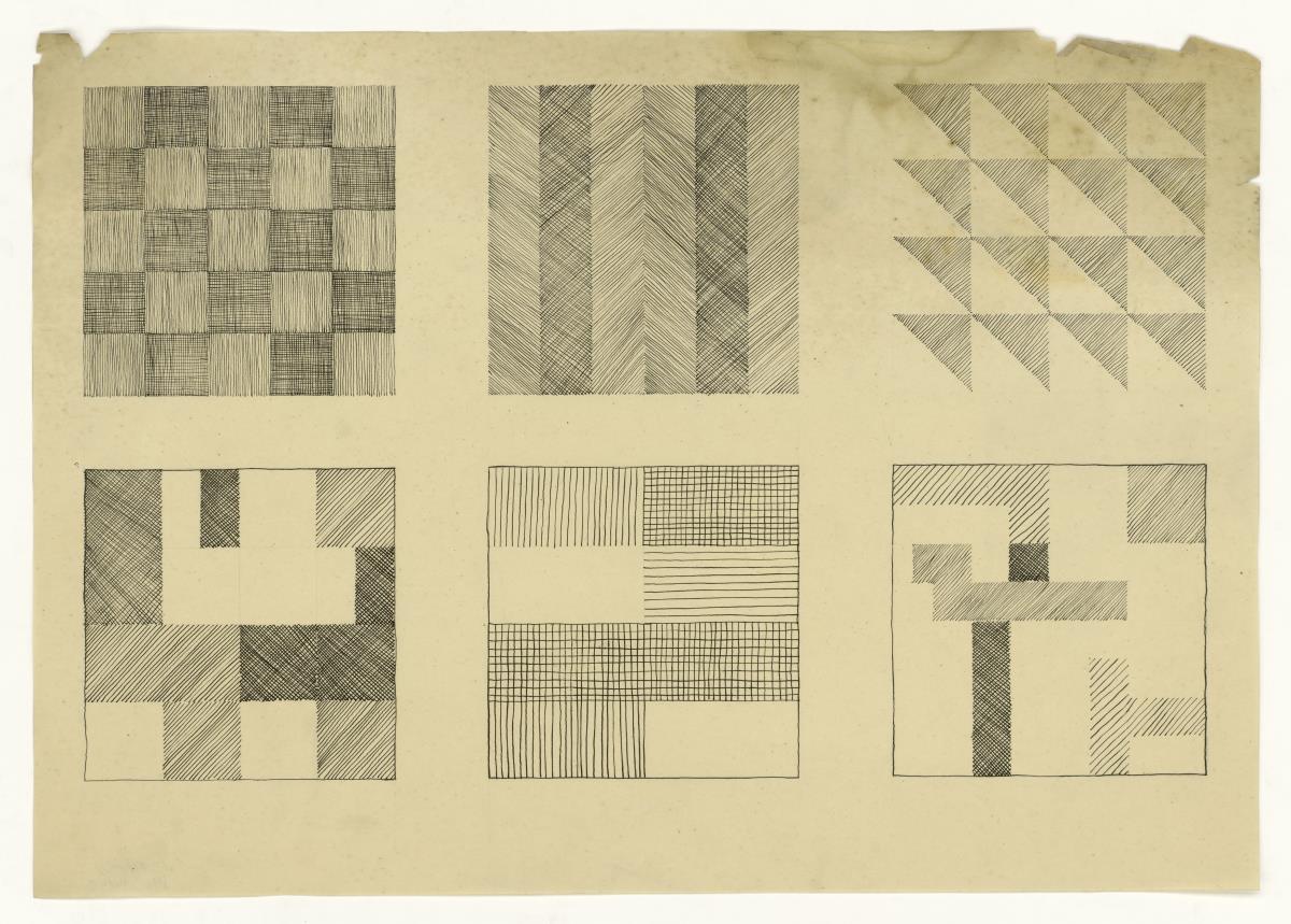 Komposition von sechs Quadratenmit Linienmuster (Kompositionsstudien, ornamental)
