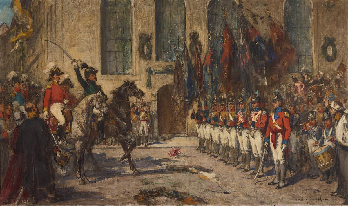 Einzug der Deutsch-Englischen Legion in Hannover. Studie für das mittlere Motiv des dreiteiligen Wandgemäldes im Sitzungssaal des Ständehauses in Hannover