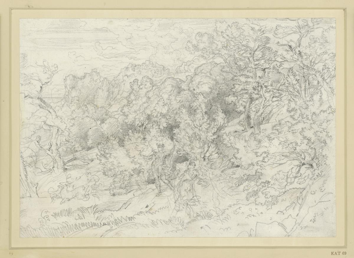 Wald- und Gebirgslandschaft, im Vordergrund Diana mit Gefolge auf der Hirschjagd