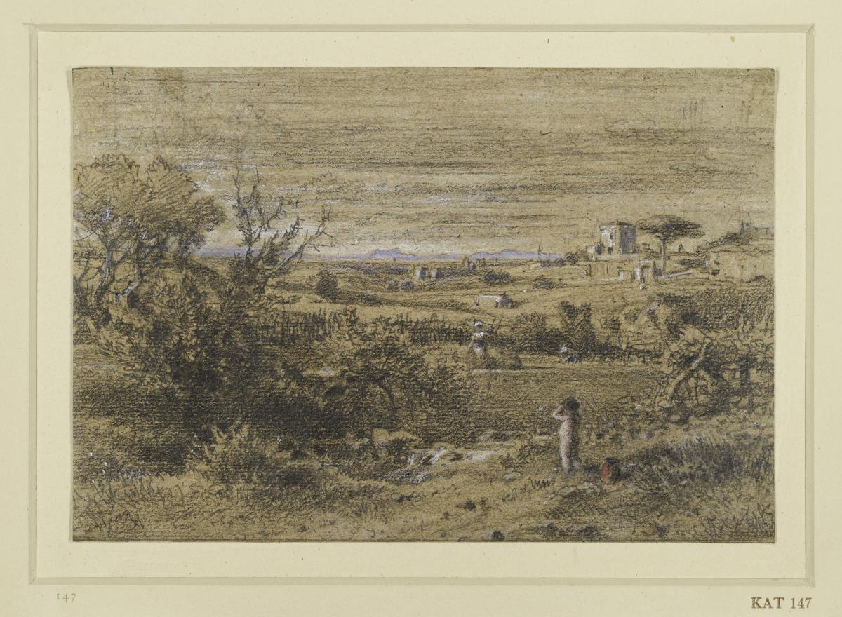 Italienische Landschaft mit Feldern und Gesträuch, vorn ein Kind, dahinter arbeitende Mädchen, in der Ferne Haus und Pinie