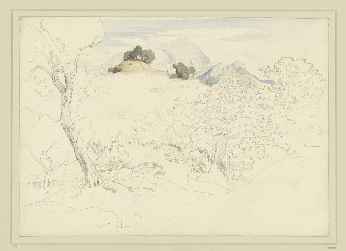 Gebirgslandschaft, vorn Bäume, bei Subiaco