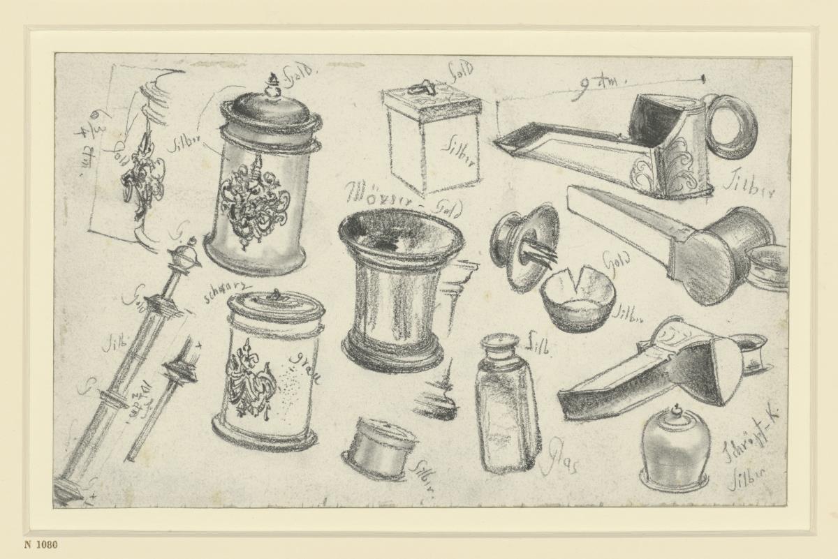 Apotheker- und Baderutensilien aus dem oberen Einsatz des Jagd- und Arbeitstisches Kurfürst Johann Georgs I. von Sachsen, Historisches Museum, Dresden