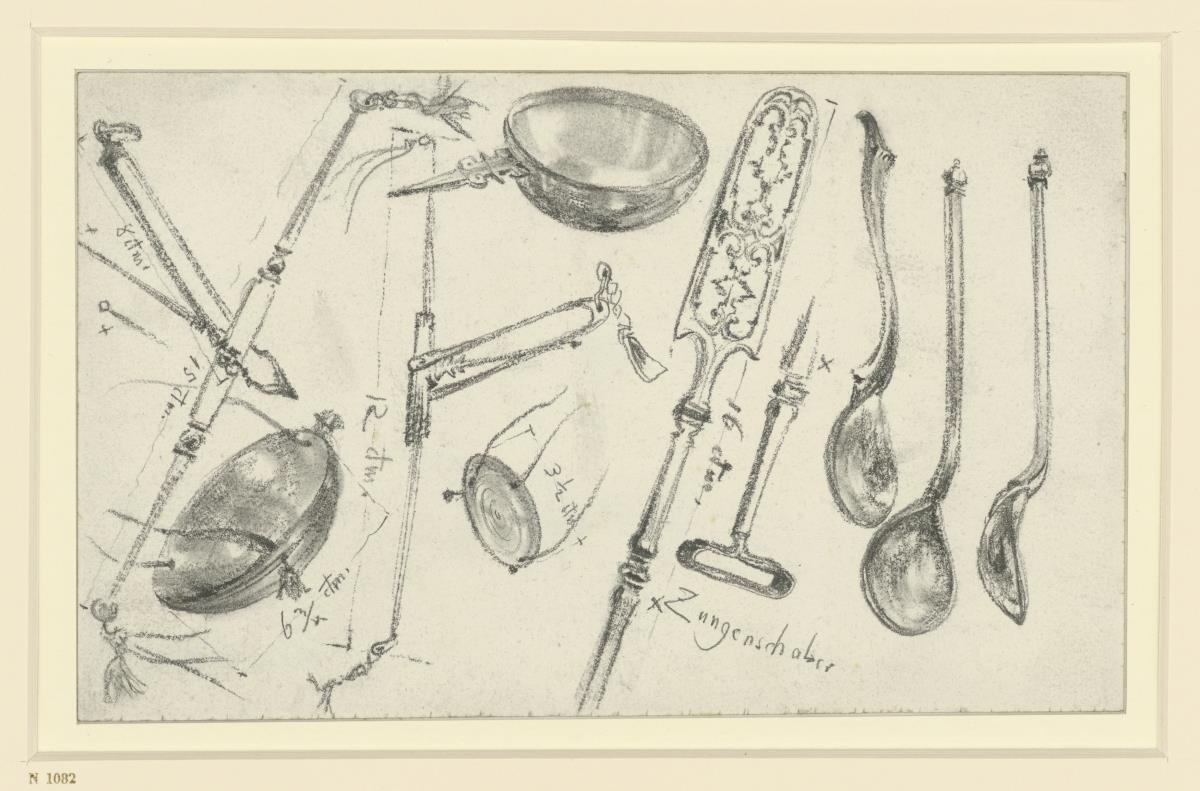 Waage, Zungenschaber und Löffelchen aus dem Jagd- und Arbeitstisch Kurfürst Johann Georgs I. von Sachsen, Historisches Museum, Dresden