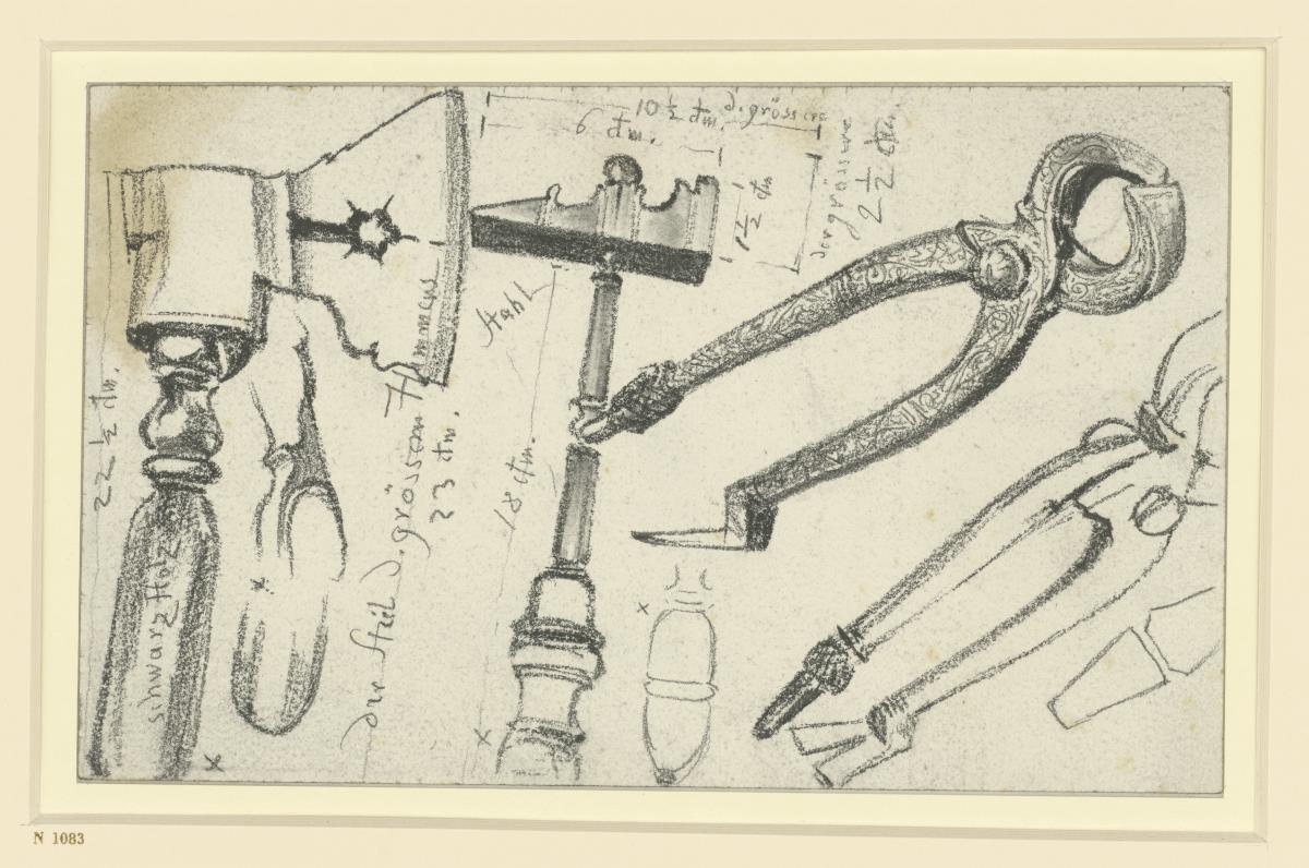 Breitbeil und Hammer aus dem Jagd- und Arbeitstisch Kurfürst Johann Georgs I. von Sachsen, Beißzange, Historisches Museum, Dresden