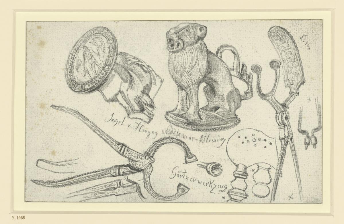 Siegel, Zangen, Messer, vielleicht aus dem Jagd- und Arbeitstisch Kurfürst Johann Georgs I. von Sachsen, Historisches Museum, Dresden