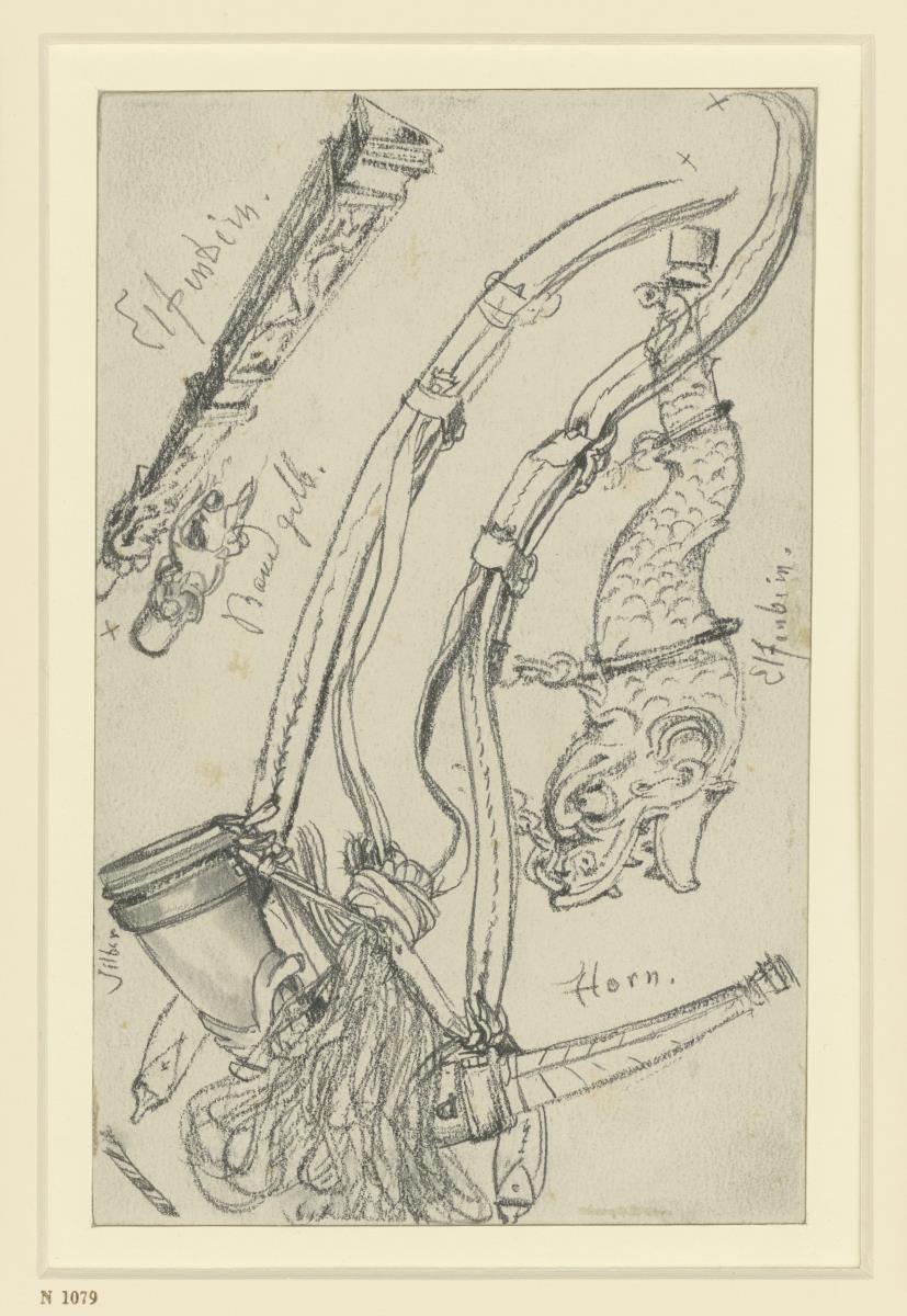 Jagdhörner aus dem 17. Jahrhundert, Elfenbeinhörner mit Riemenzeug, Historisches Museum, Dresden