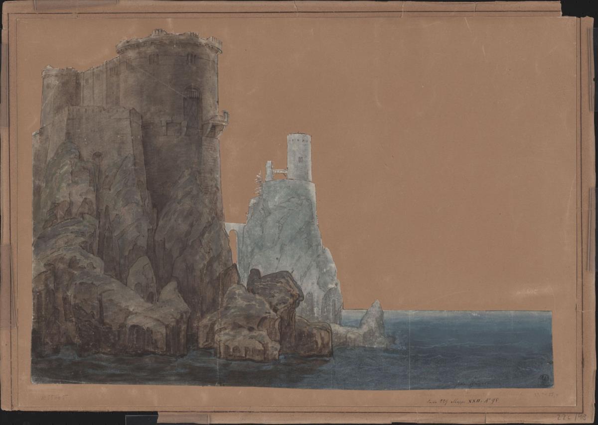 König Yngurd. Trauerspiel von Adolf Müllner. Entwurf zur  4. Dekoration. Turm mit Todespforte am Meer