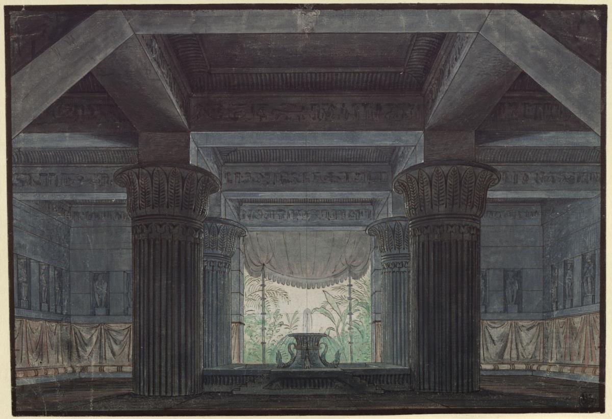 Die Zauberflöte. Oper von Wolfgang Amadeus Mozart. Entwurf zur  3. Dekoration. Halle in Sarastros Burg