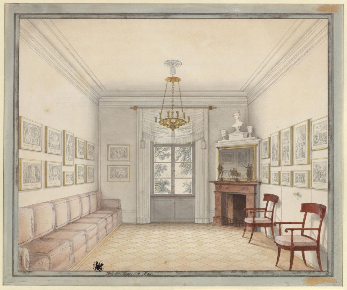 Berlin. Schloss Charlottenburg, Schlosspark, Neuer Pavillon (Schinkel-Pavillon). Ansicht des Weißen Zimmers als Muster für die Gestaltung der Räume im Obergeschoss