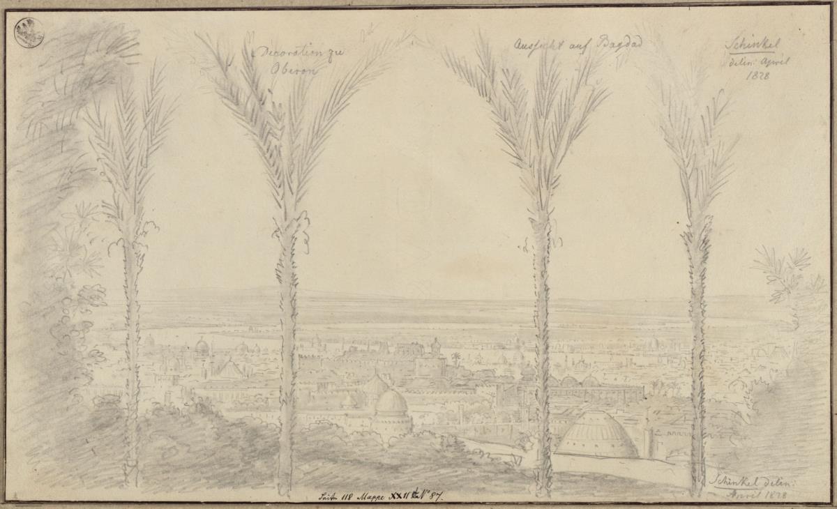 Oberon, König der Elfen. Oper von Carl Maria von Weber. Entwurf zur 2. Dekoration. Ufer des Tigris mit der Stadt Bagdad im Hintergrund