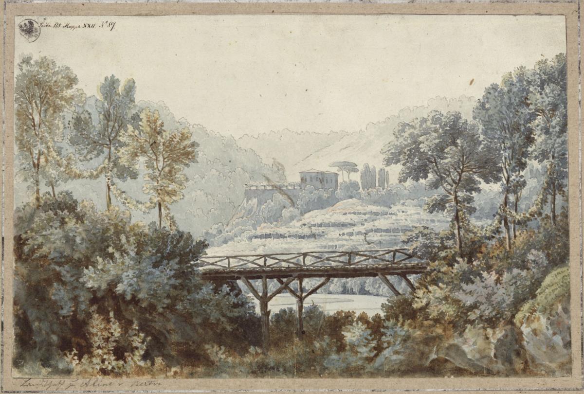 Aline, Königin von Golkonda. Oper von Henri-Montan Berton. Entwurf zur 2. Dekoration. Landschaft mit Fluss und Brücke