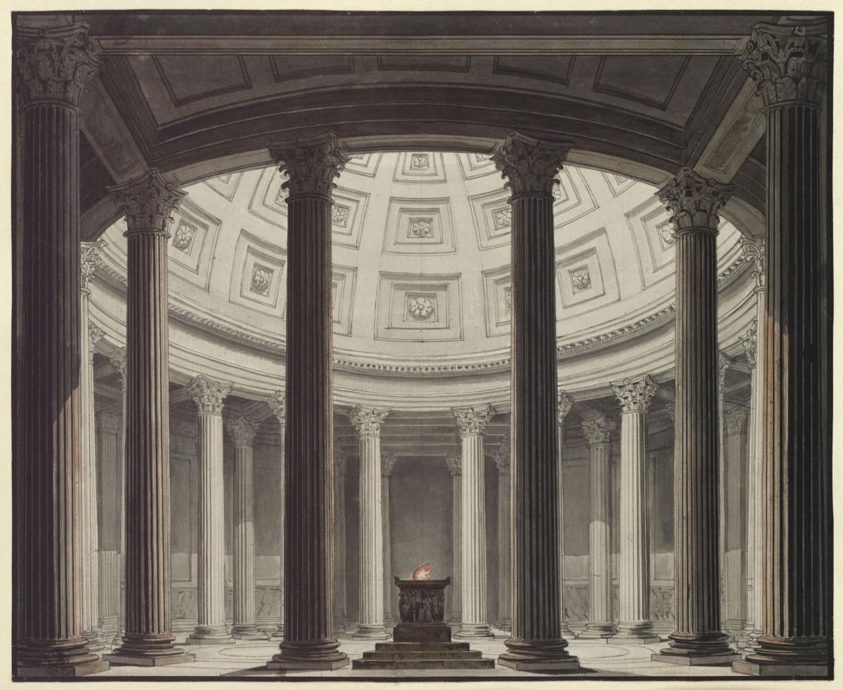 Die Vestalin. Oper von Gaspare Spontini. Entwurf zur 2. Dekoration. Blick in den Tempel der Vesta