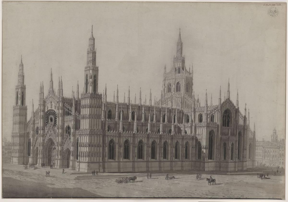 "Äußeres des Domes von Milano" / Perspektivische Ansicht des im gotischen Stil vollendeten Domes von Mailand