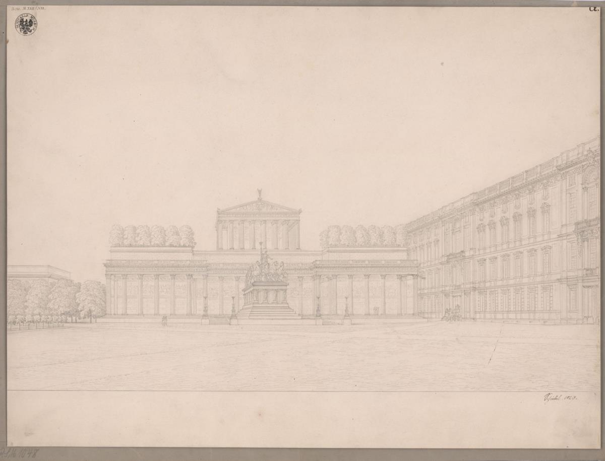 Berlin, Lustgarten. Denkmal für Friedrich II., den Großen, als Quadriga mit Ehrentempel anstelle des Apothekenflügels des Schlosses