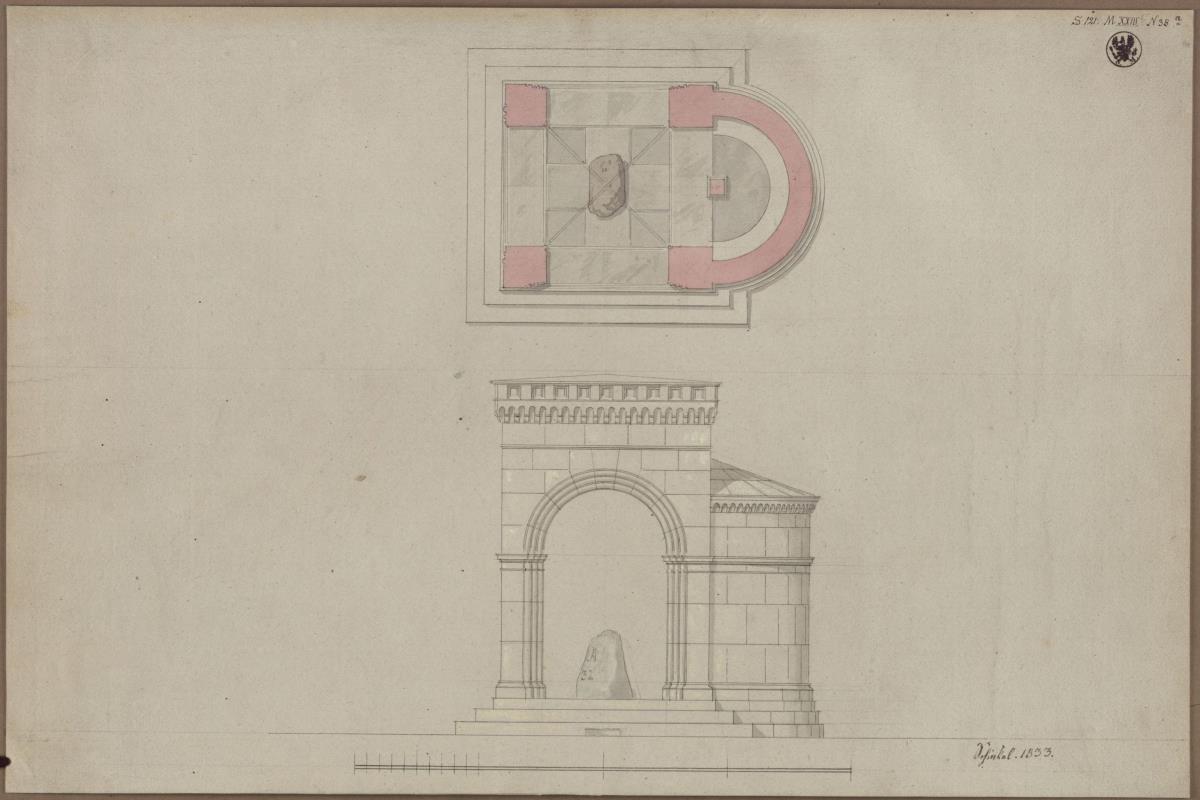 Lützen. Entwurf zu einem Denkmal für König Gustav II. Adolf von Schweden in Form einer romanischen Halle über dem Schwedenstein mit angefügter Apsis. Grundriss und Aufriss