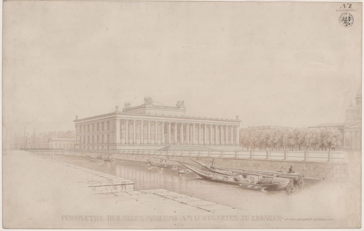 Berlin. Altes Museum am Lustgarten. Perspektivische Ansicht von der Schlossbrücke