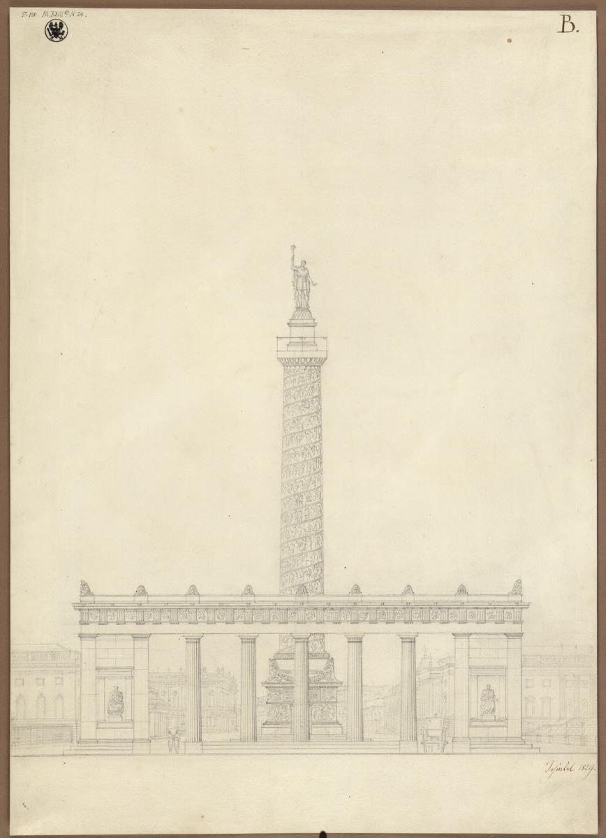 Berlin, Unter den Linden. Denkmal für Friedrich II., den Großen, als Säule mit Reliefverzierungen nach dem Vorbild der Trajanssäule