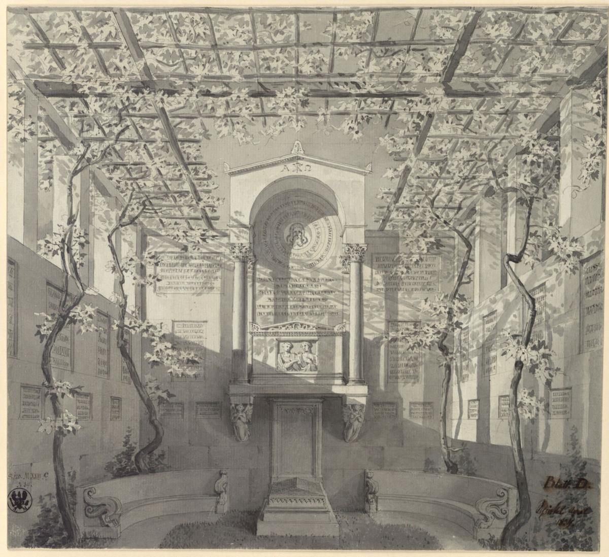 Bonn. Entwurf zum Grabdenkmal für Barthold Georg Niebuhr, mit Pergola