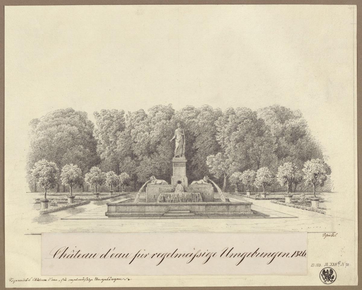 Entwurf für einen Parkbrunnen mit Standfigur und liegendem Löwenpaar