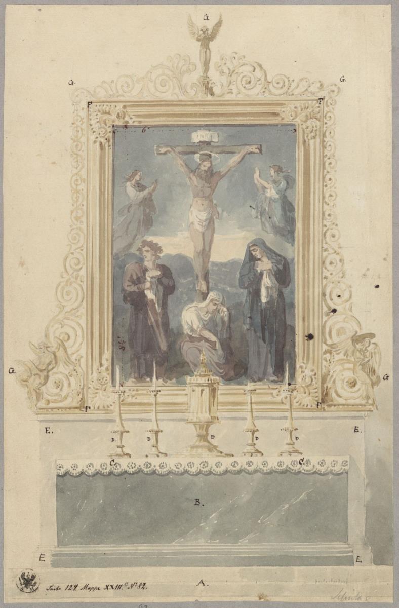 Krummöls (Oleszna Podgórska). Entwurf zum Altar und Rahmen für den Hauptaltar einer Kirche