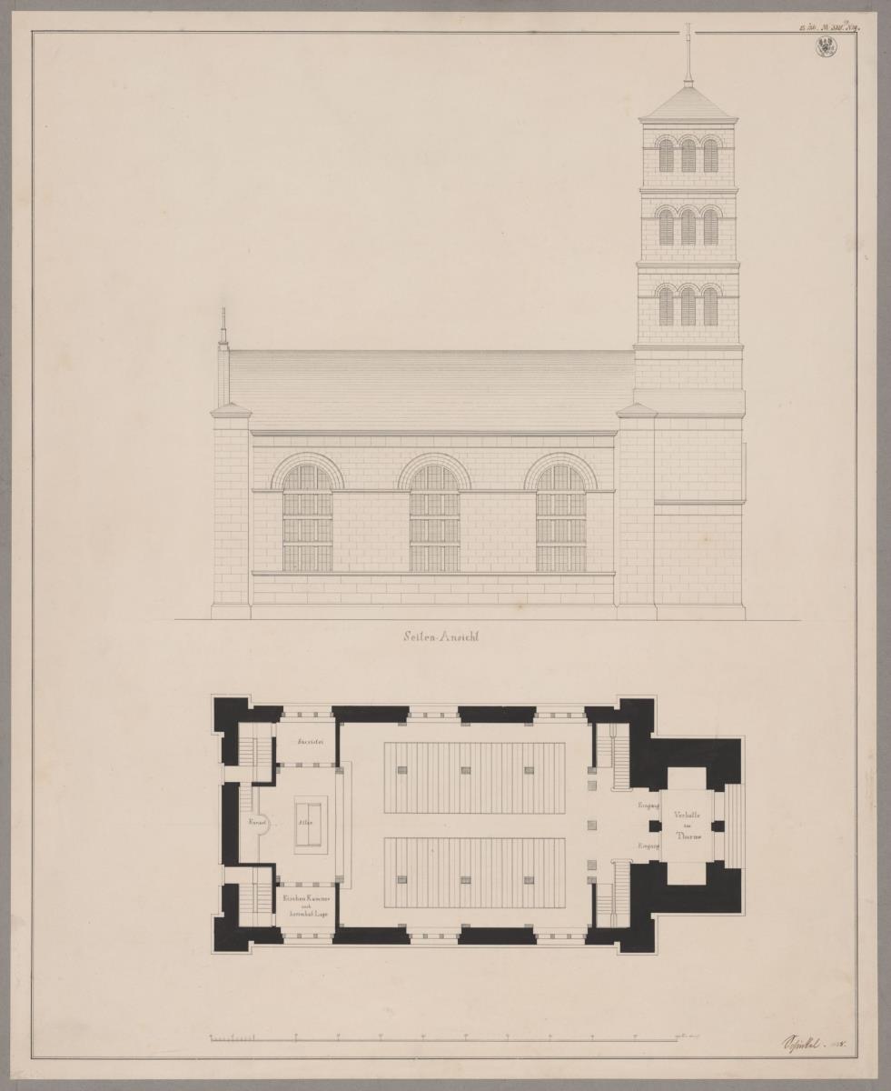 Flatow. Entwurf zur Dorfkirche. Aufriss der Längsseite und Grundriss
