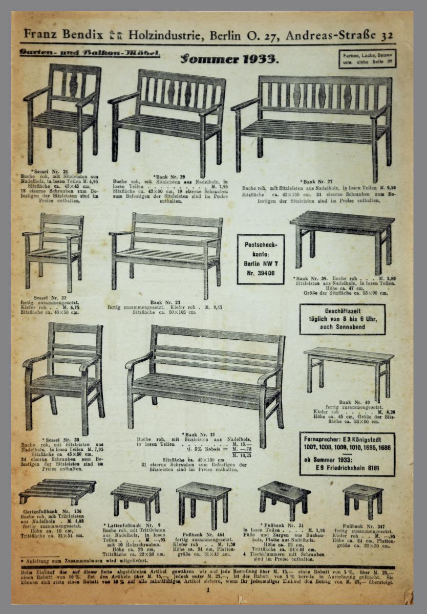 Warenkatalog für Holzprodukte der Firma "Franz Bendix G.M.B.H Holzindustrie, Berlin" Sommer 1933