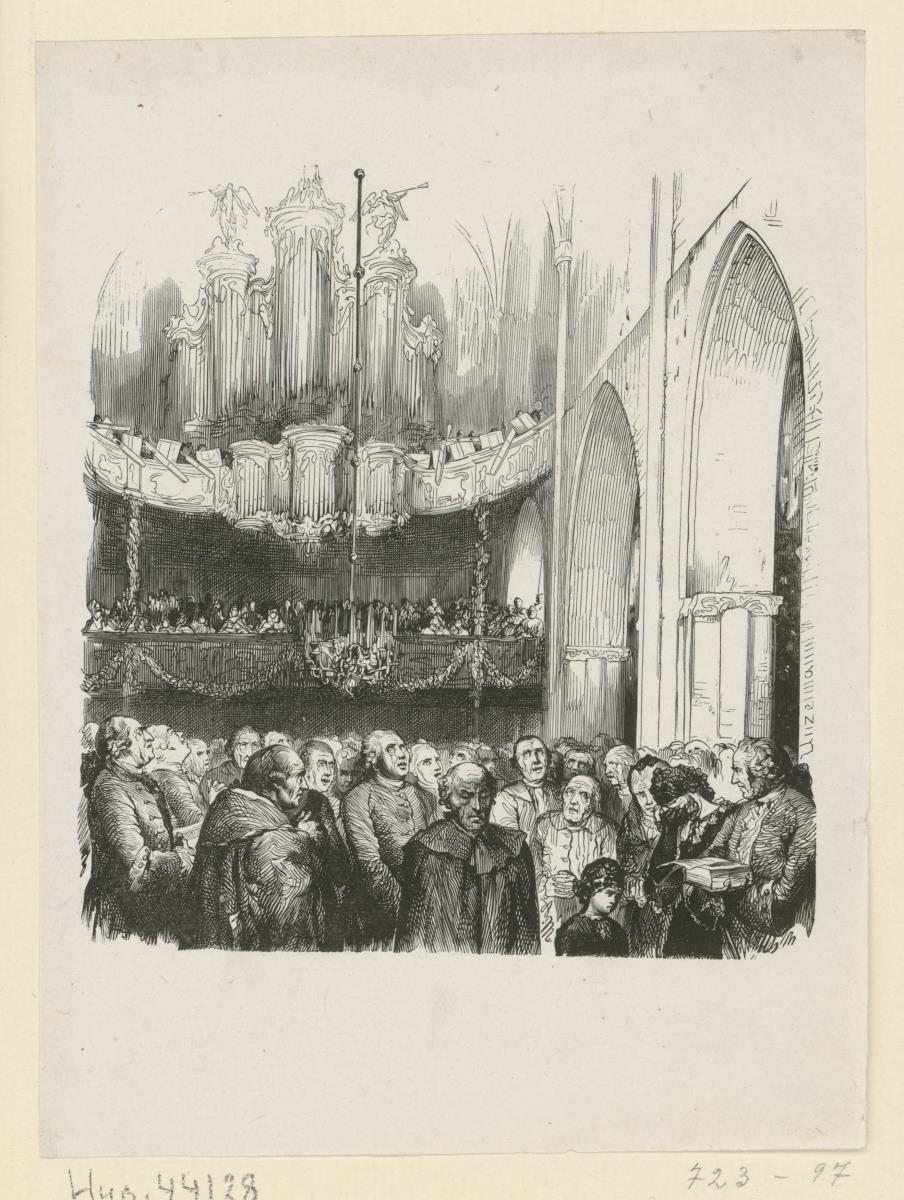 Dankgottesdienst in der Charlottenburger Schlosskapelle nach der Beendigung des Siebenjährigen Krieges, Ill. aus: Franz Kugler. Geschichte Friedrichs des Grossen. leipzig 1840.