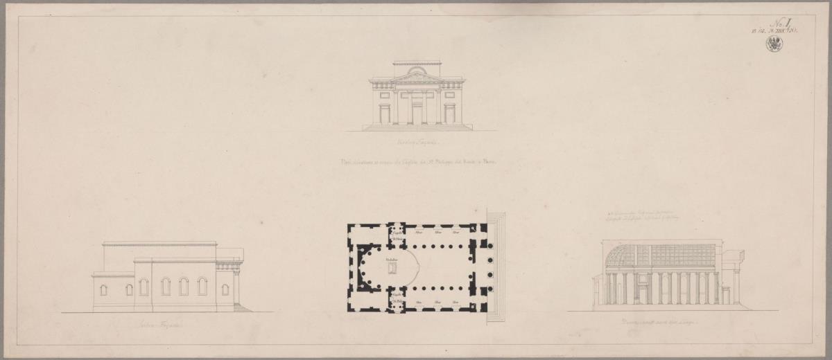 St. Philippe du Roule in Paris. Aufrisse, Grundriss und Längsschnitt