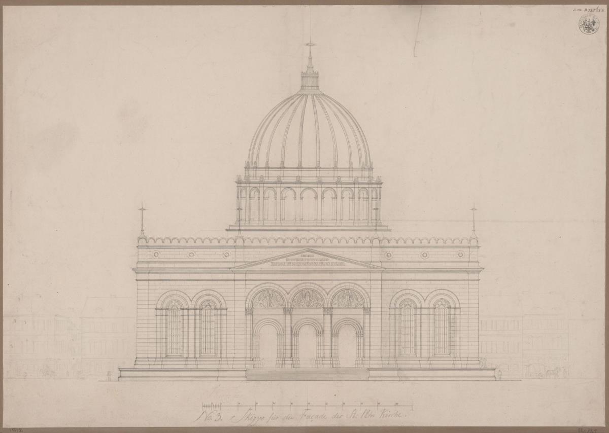 Berlin. Petrikirche. Plan zum Wiederaufbau als Kuppelbau. Aufriss der Fassade