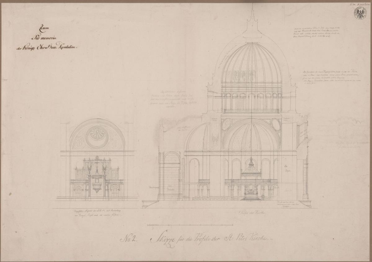 Berlin. Petrikirche. Plan zum Wiederaufbau als Kuppelbau. Quer- und Längsschnitt