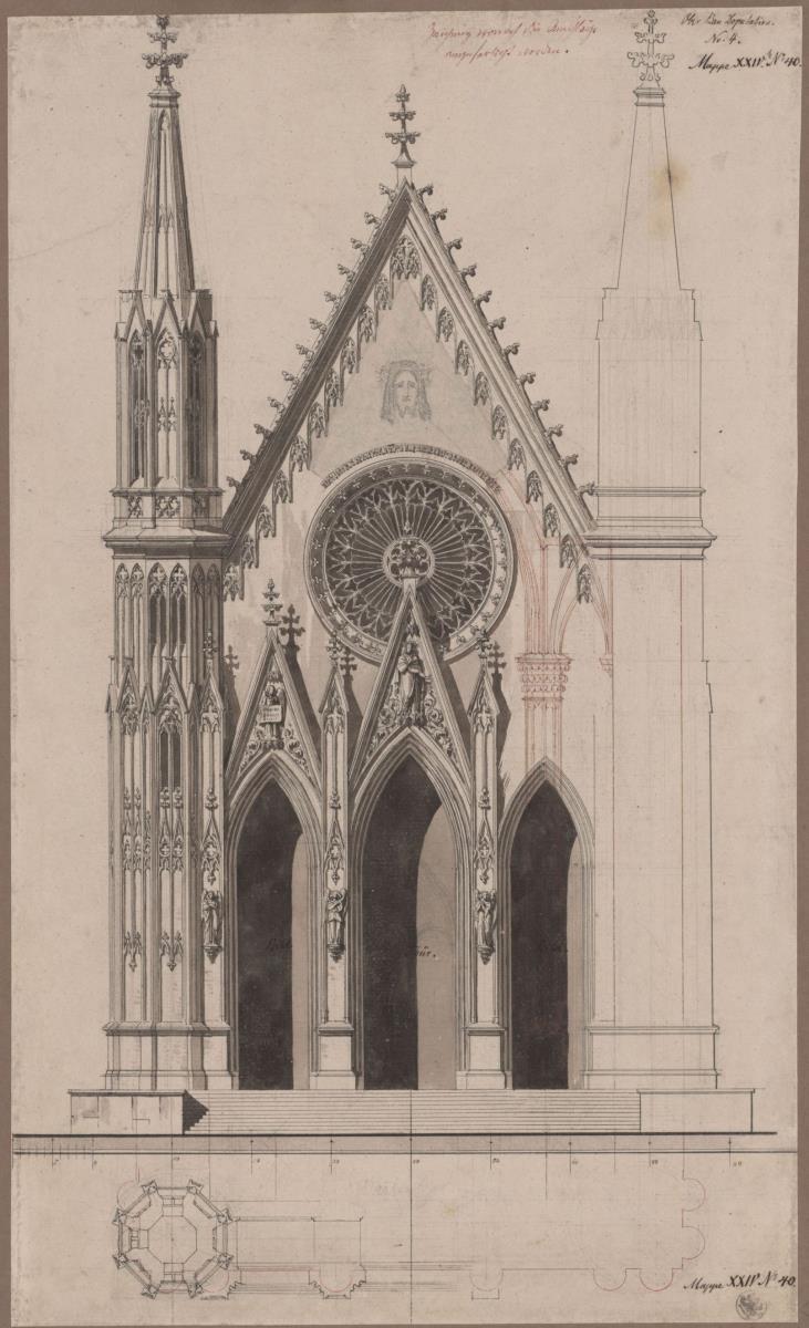 Berlin. Petrikirche. Plan zum Wiederaufbau im gotischen Stil. Ansicht und Grundriss des Portals