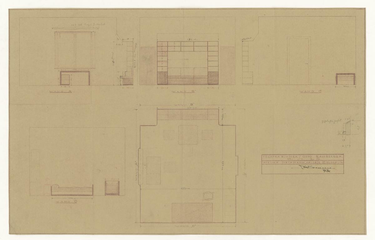 Tochterzimmer, Grundriss und Schnitte, Auftrag Bamberger (Möbelentwürfe, Wohnräume)