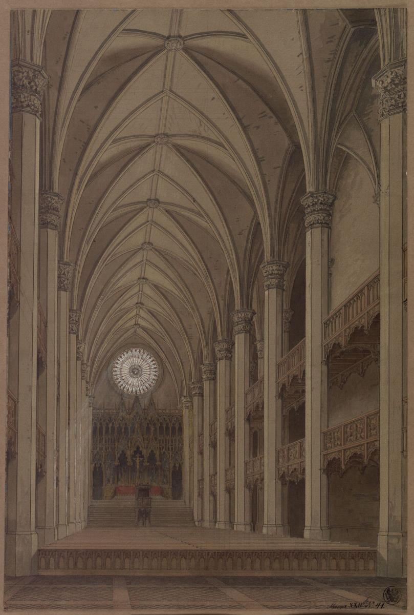 Berlin. Petrikirche. Entwurf zum Wiederaufbau im gotischen Stil. Innenansicht mit Blick zum Altar
