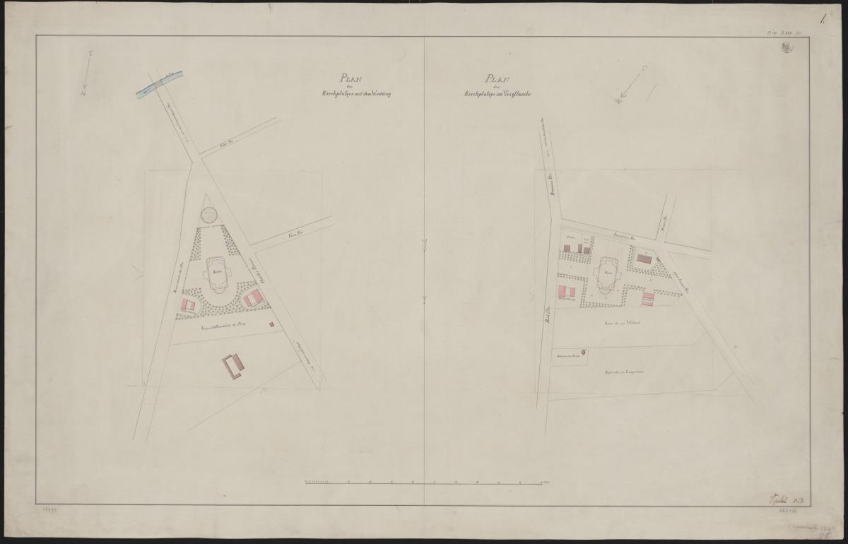 Berlin, Oranienburger Vorstadt. Lagepläne der beiden zuerst geplanten Kirchen "im Voigtland" und "auf dem Wedding" (Vorstadtkirche Typ 1 "Kirche im Rechteck" und Vorstadtkirche Typ 5, "Kirche in Kreuzform")