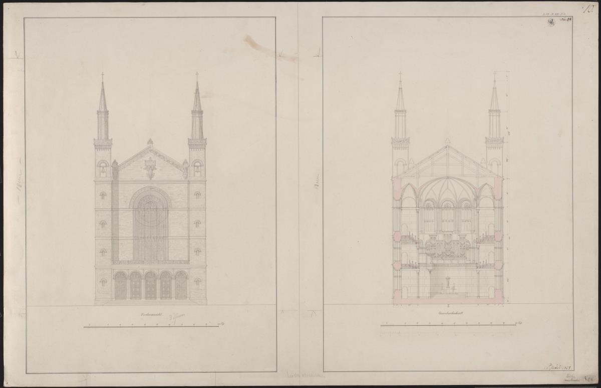 Berlin, Oranienburger Vorstadt. Entwurf zu einer Kirche (Vorstadtkirche Typ 3, "Kirche mit vier Türmen"). Fassadenaufriss und Querschnitt