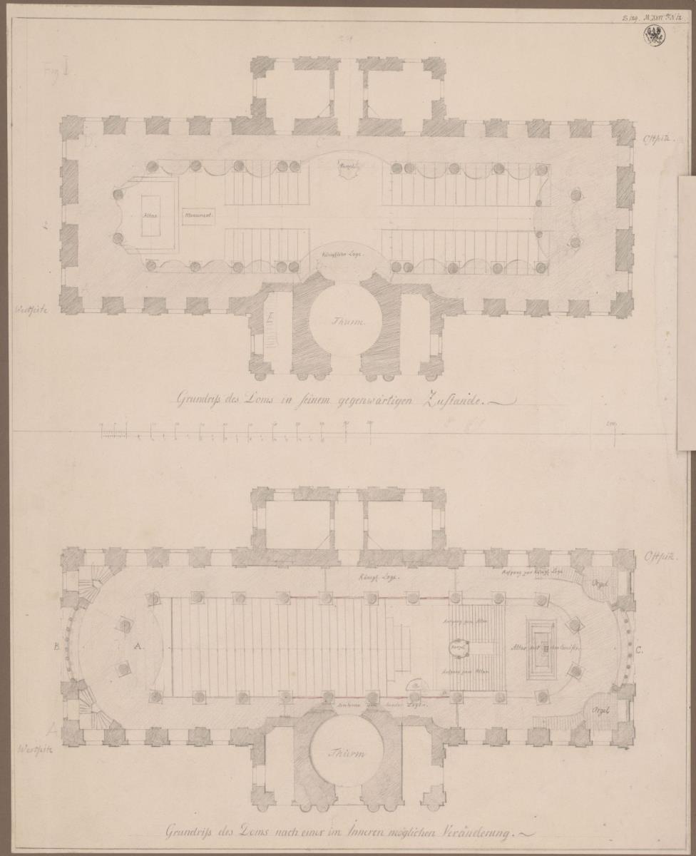 Berlin. Dom am Lustgarten. Umbauentwurf des Innenraums. Grundriss des barocken Zustandes und des geplanten Umbaus