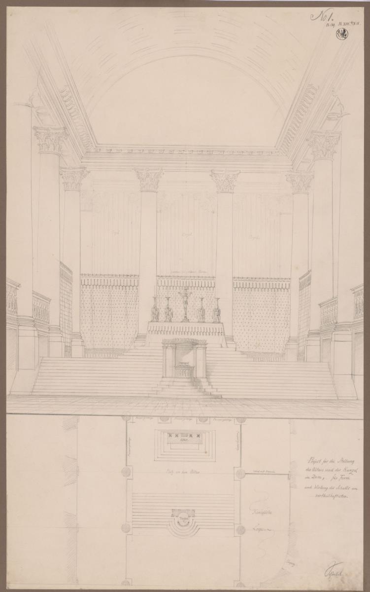 Berlin. Dom am Lustgarten. Umbauentwurf des Innenraums. Grundriss und Ansicht der Altar- und Orgelseite
