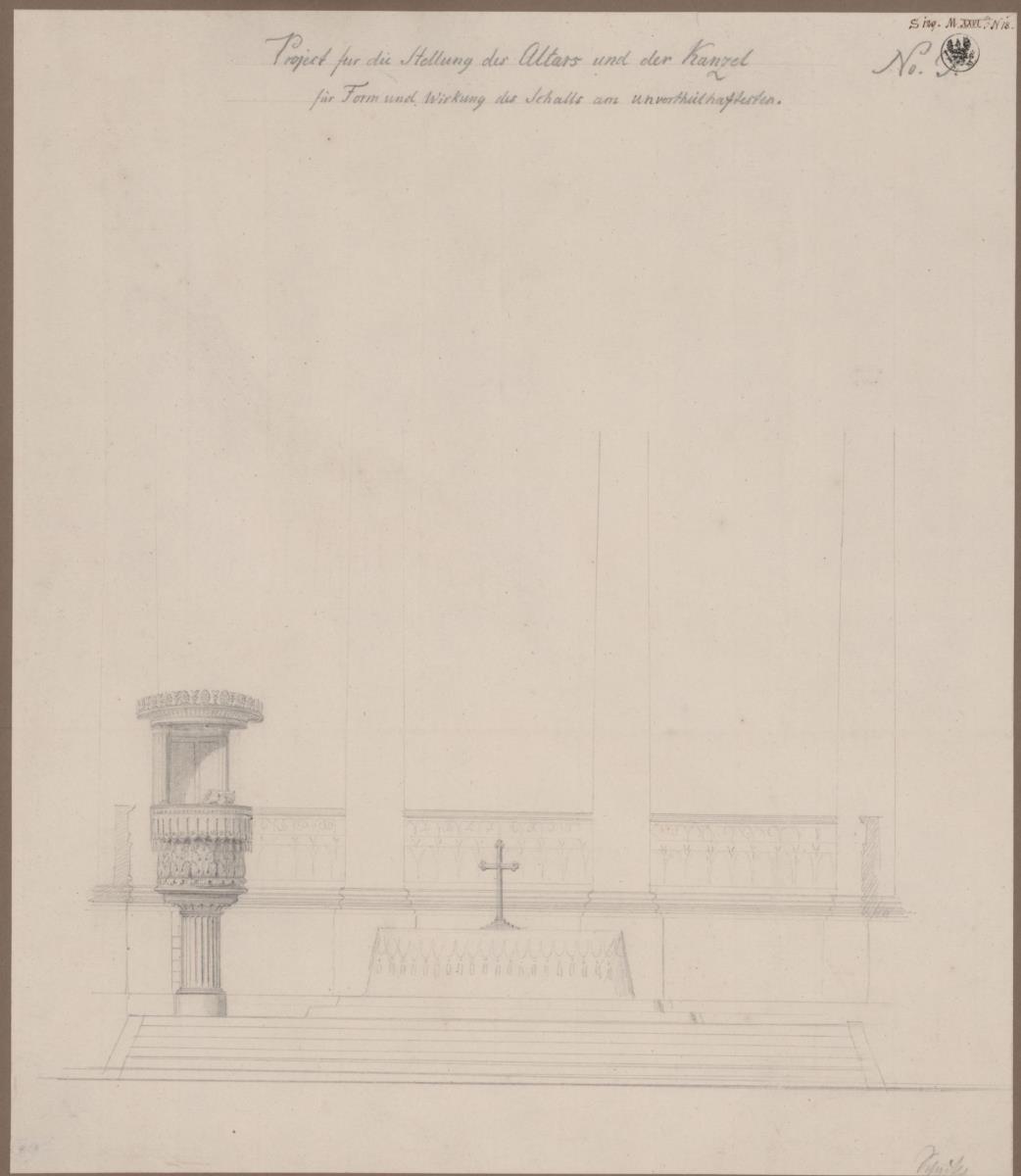 Berlin. Dom am Lustgarten. Umbauentwurf des Inneren. Ansicht von Altar und Kanzel