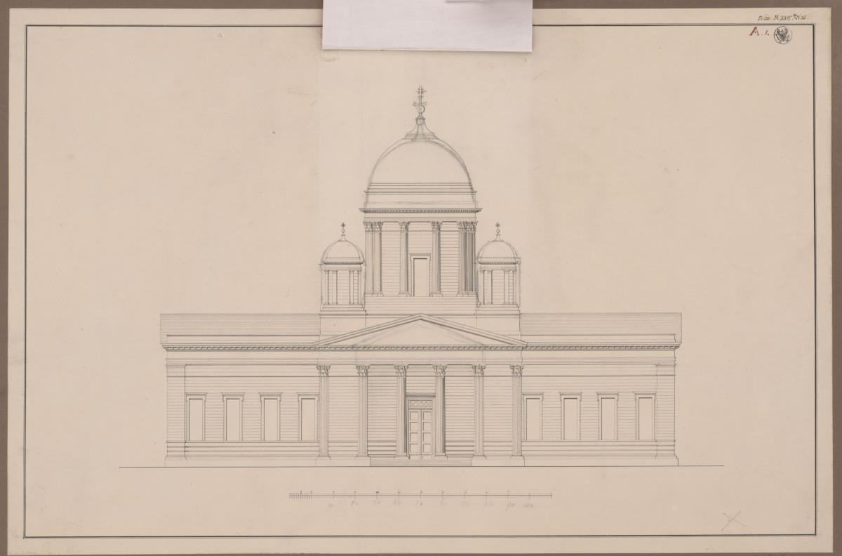 Berlin. Dom am Lustgarten. Umbauentwurf für das Äußere. Aufriss mit Kuppel und zwei Seitenkuppeln