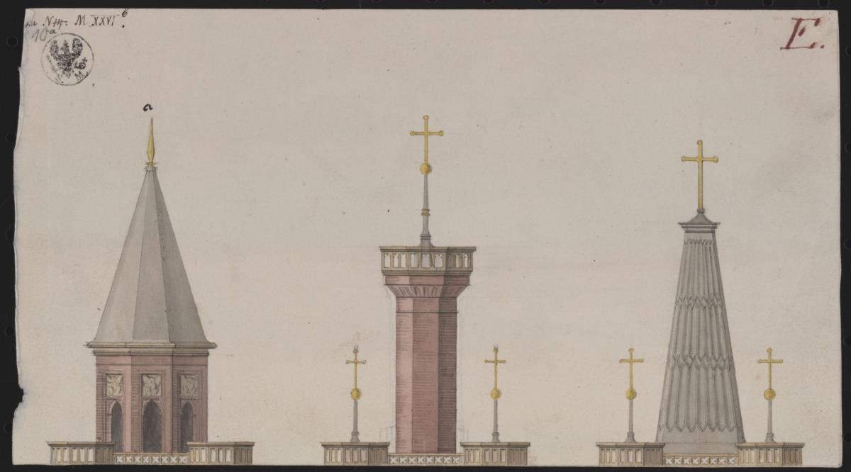 Berlin, Spittelmarkt. Entwurf zur Gertraudenkirche. Drei Vaianten zur Turmbekrönung