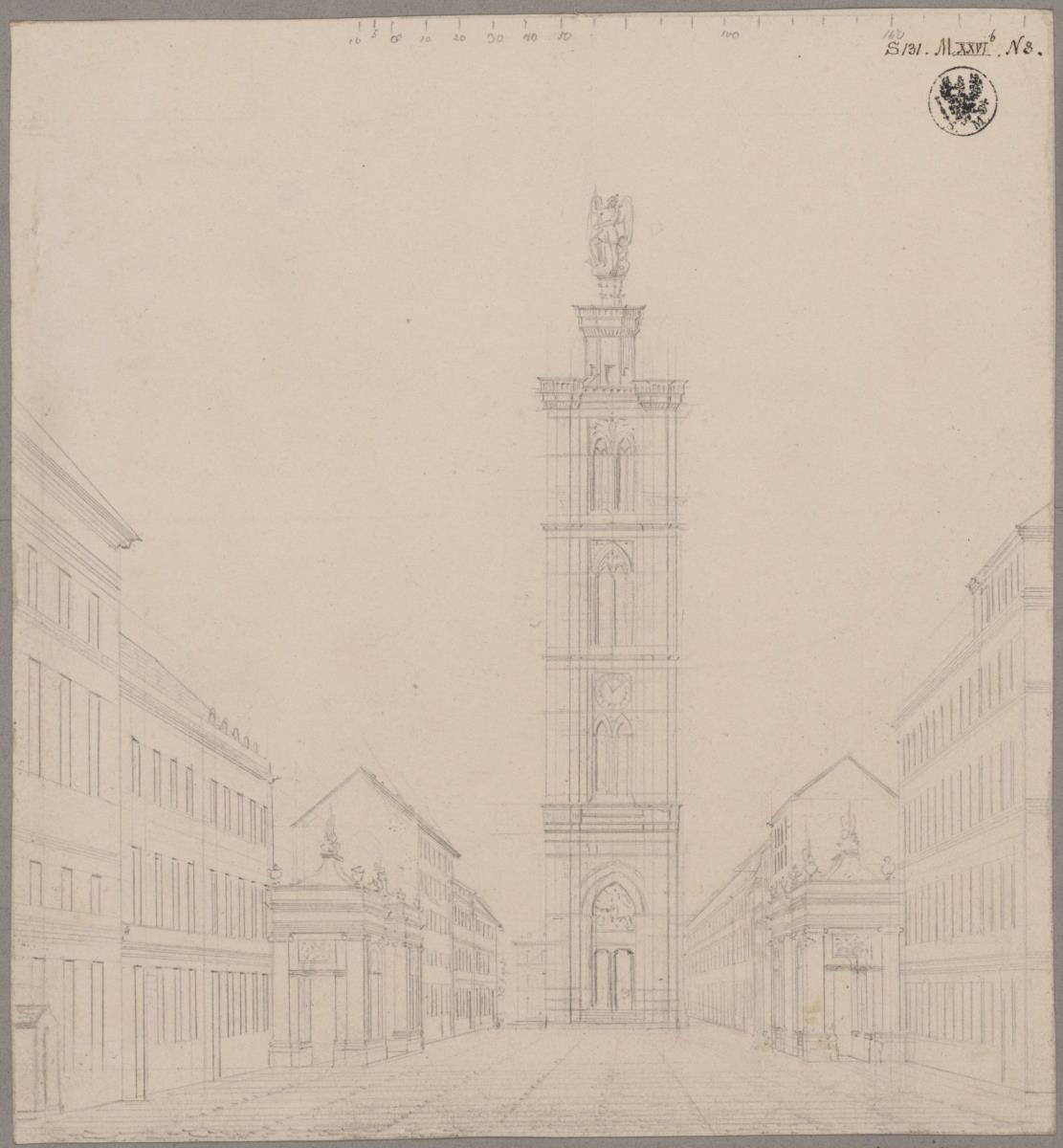 Berlin, Spittelmarkt. Entwurf zur Gertraudenkirche. Der Turm in der Flucht der Leipziger Straße