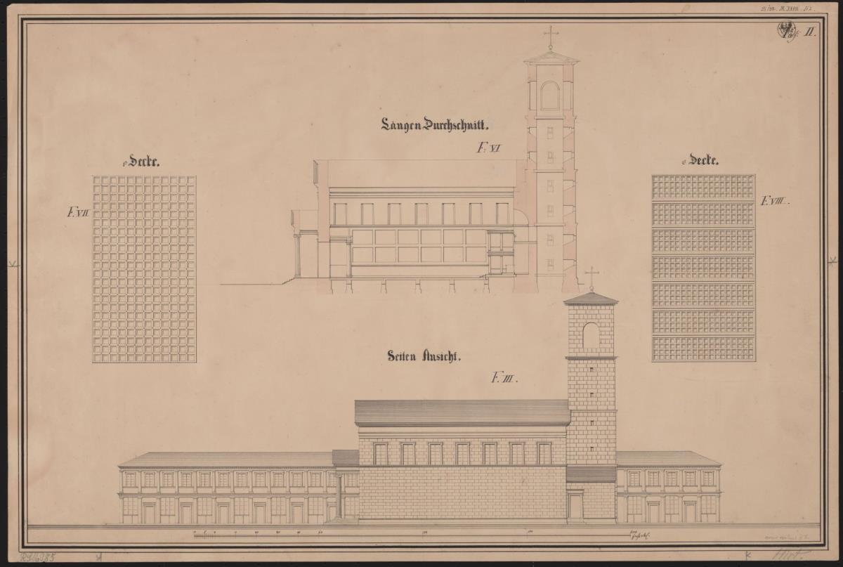 Berlin. Friedrichswerdersche Kirche. Projekt Hirt. Aufriss, Längsschnitt und Untersichten Kassettendecke